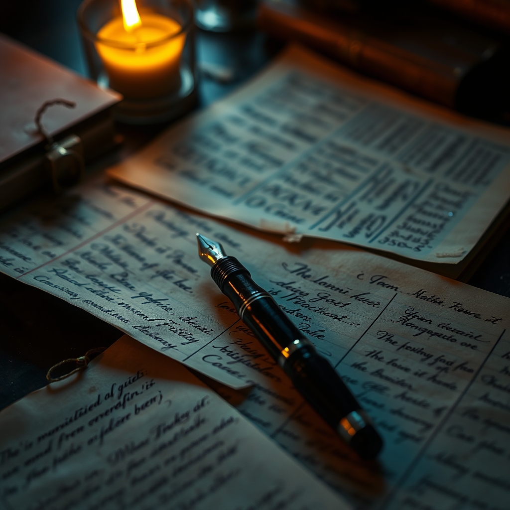 Aged manuscript pages on an antique writing desk with fountain pen